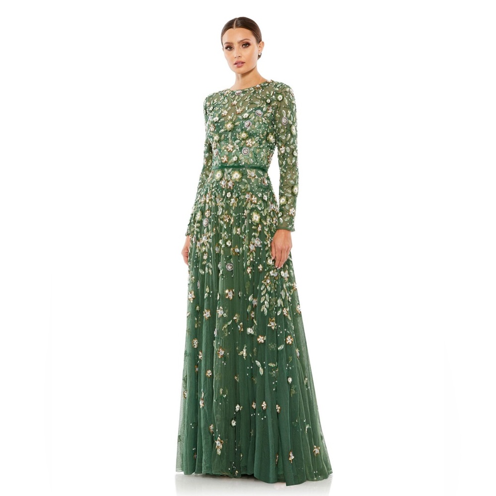 Mac Duggal Green Floral Embellished Gown